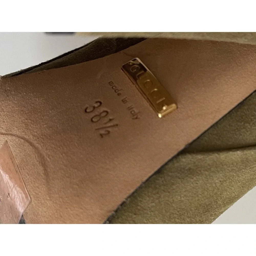 Gucci Kesha Suede Olive Green Ankle Boots Gold Buckle Block Heel Sz 38.5